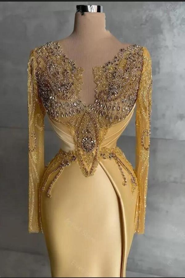 Charming Beadings Satin Mermaid Prom Dresses Long Sleeves Floor Length Evening Dress-newarrivaldress