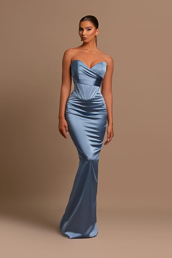 Stunning Sweetheart Satin Mermaid Prom Dress Dusty Blue Strapless Long Evening Party Dress-newarrivaldress