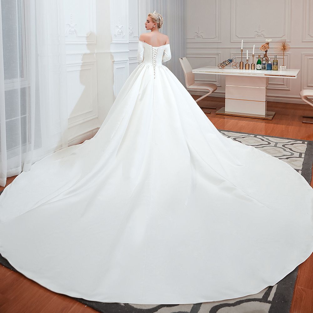 Amazing Off Shoulder Satin Wedding Dress Aline with Sleeves-newarrivaldress
