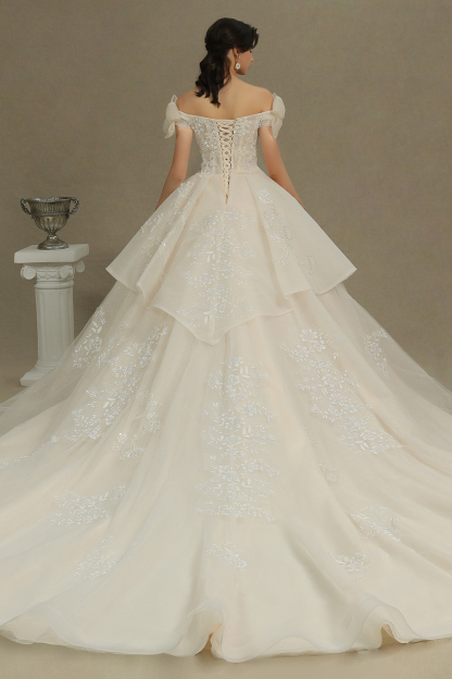 Off Shoulder Aline White Princess Bridal Gown Floor Length Lace Wedding Dress