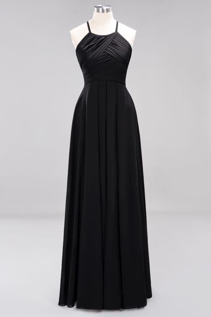 Halter Pleated Bridesmaid Dress Chiffon Sleeveless Floor Length Wedding Guest Dress-newarrivaldress