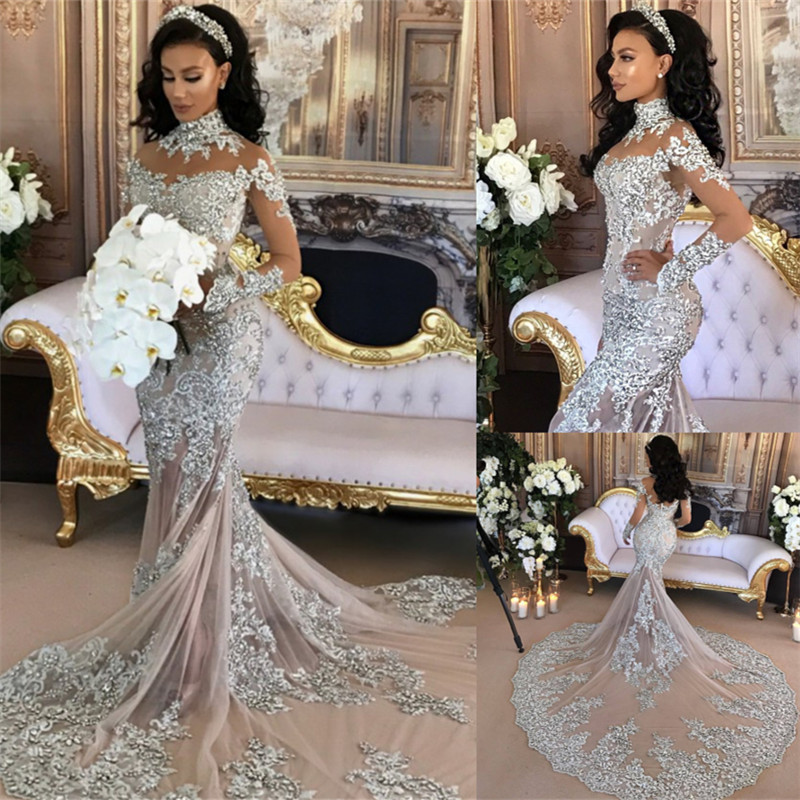 Long Sleeve Silver High Neck Popular Evening Dresses | Sexy Mermaid Luxury Wedding Dresses BH-362-newarrivaldress