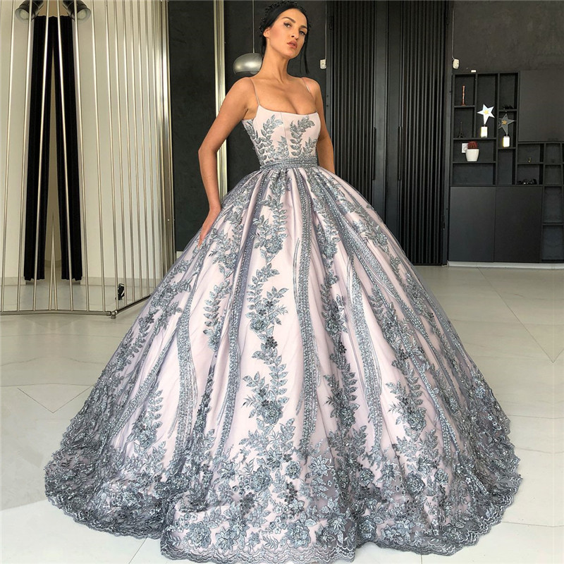 Spaghetti Straps Silver Grey Lace Appliques Formal Dresses | Luxury Princess Ball Gowns Prom Dress BC0407-newarrivaldress