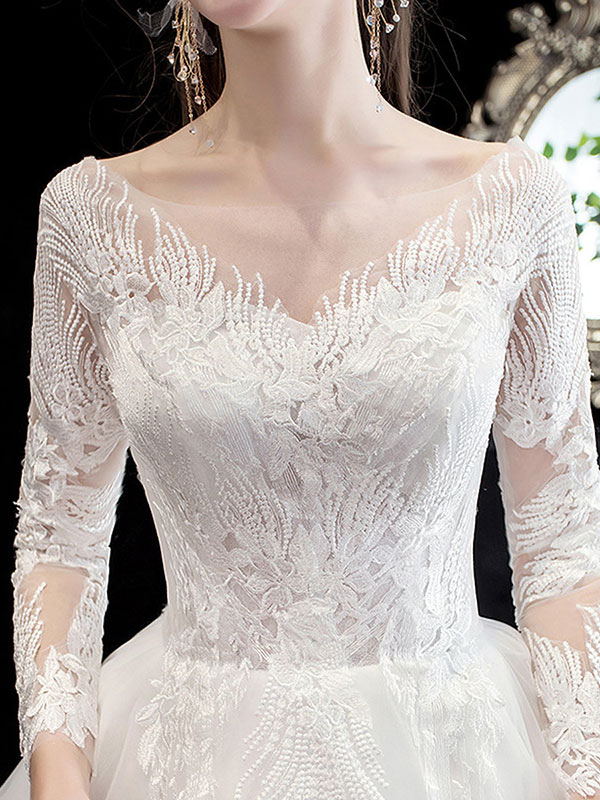 White Wedding Dress Ball Gown Cathedral Train Jewel Neck 3/4 Length Sleeves Natural Waist Applique Satin Fabric Bridal Dresses-newarrivaldress