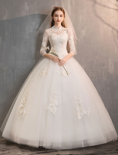 Tulle Wedding Dresses Ivory Illusion Neckline Half Sleeve Floor Length Princess Bridal Dress-newarrivaldress