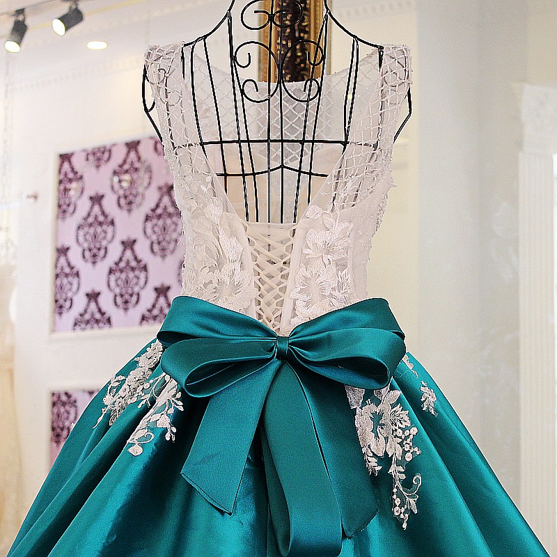 Bow Sleeveless Lace Court Train Applique Ball Gown Prom Dresses-newarrivaldress