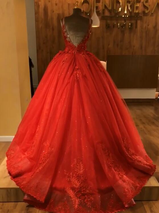 Red Straps Sleeveless Ball Gown Appliques Open Back Prom Dresses with Beading-newarrivaldress