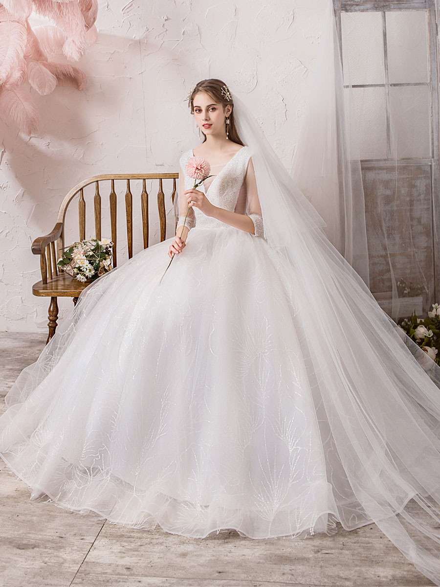 Wedding Dress Princess Silhouette Floor Length V Neck Sleeveless Natural Waist Beaded Lycra Spandex Bridal Gowns-newarrivaldress