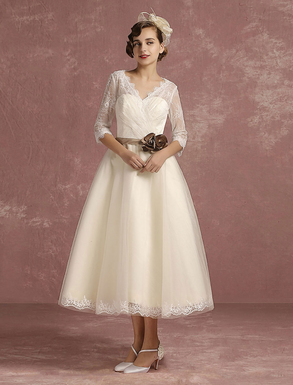 Vintage Wedding Dress Short Lace Tulle Bridal Dress Half Sleeve V Neck Backless A Line Flower Sash Tea Length Bridal Gown Exclusive-newarrivaldress