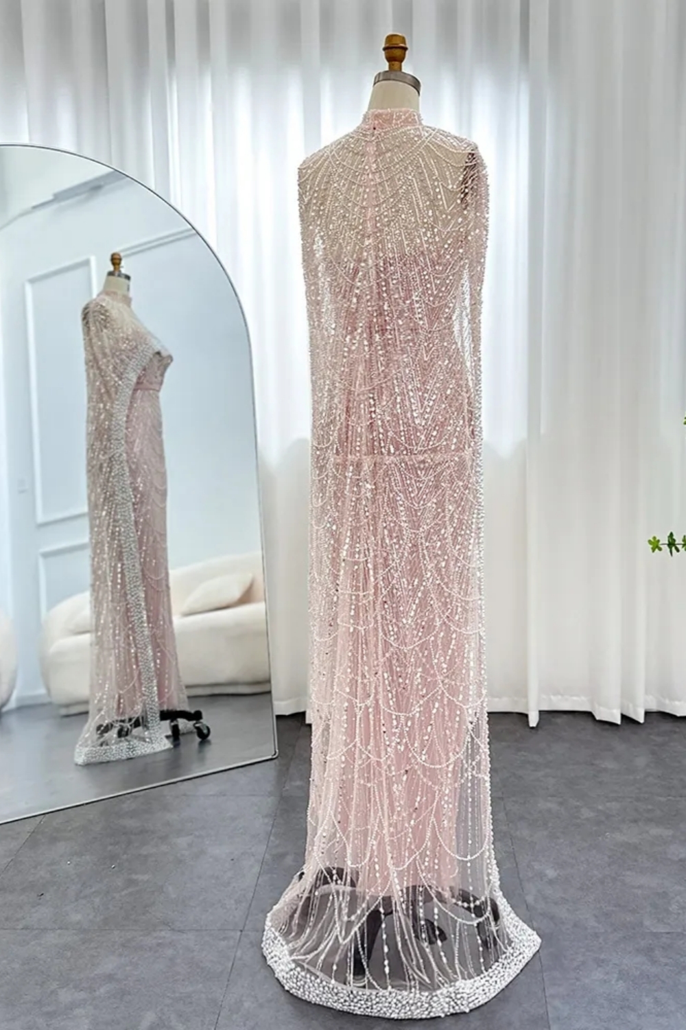 Luxury Sequins Dubai Mermaid Evening Dress with Cape Glitter Pearls Floor Length Party Dress-newarrivaldress
