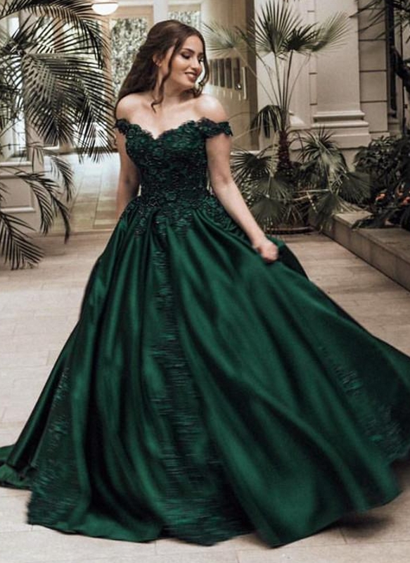 Elegant Dark Green Puffy Prom Dresses | Off-The-Shoulder Ball Gown Quinceanera Dresses-newarrivaldress