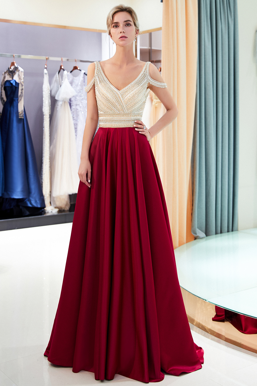Burgundy A-line V-neck Sleeveless Crystal Beading Evening Dresses-newarrivaldress