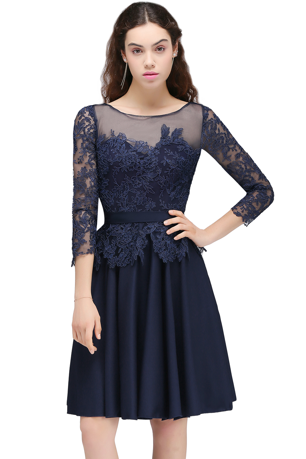 CARA | A-line Sheer Neck Short Dark Navy Homecoming Dresses with Lace Appliques-newarrivaldress