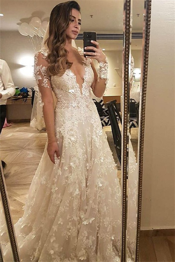 Flowers Lace Long Sleeve Wedding Dress Illusion Amazing Bride Dress-newarrivaldress