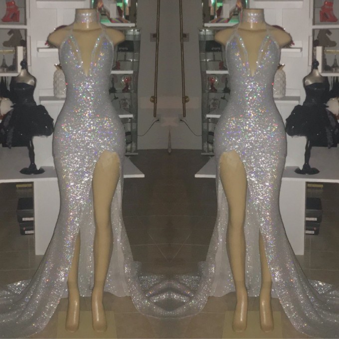 V-neck Sequins Mermaid Sexy Front Slit Long Prom Dresses-newarrivaldress