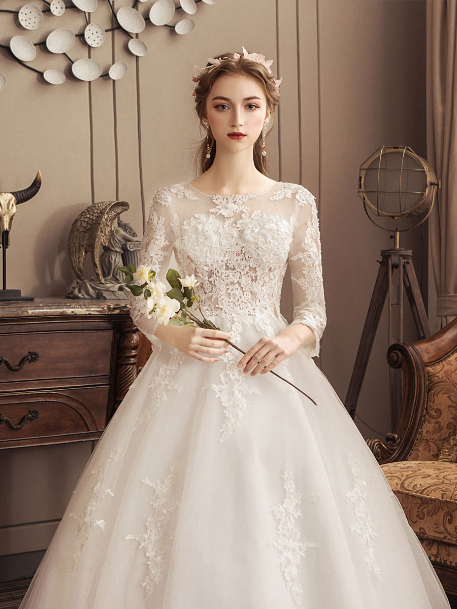 Ivory Wedding Dresses Lace Applique Jewel Neck 3/4 Length Sleeve Princess Bridal Gown With Train-newarrivaldress