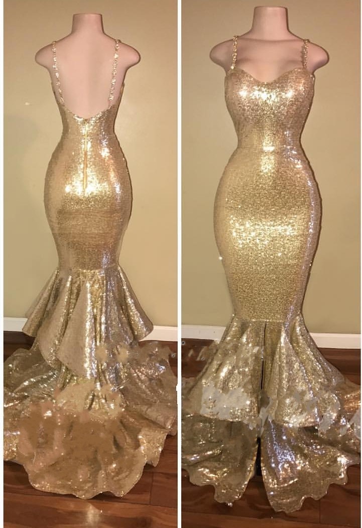 Gold Spaghetti Straps Layers-Train Sequins Mermaid Shiny Long Prom Dresses-newarrivaldress