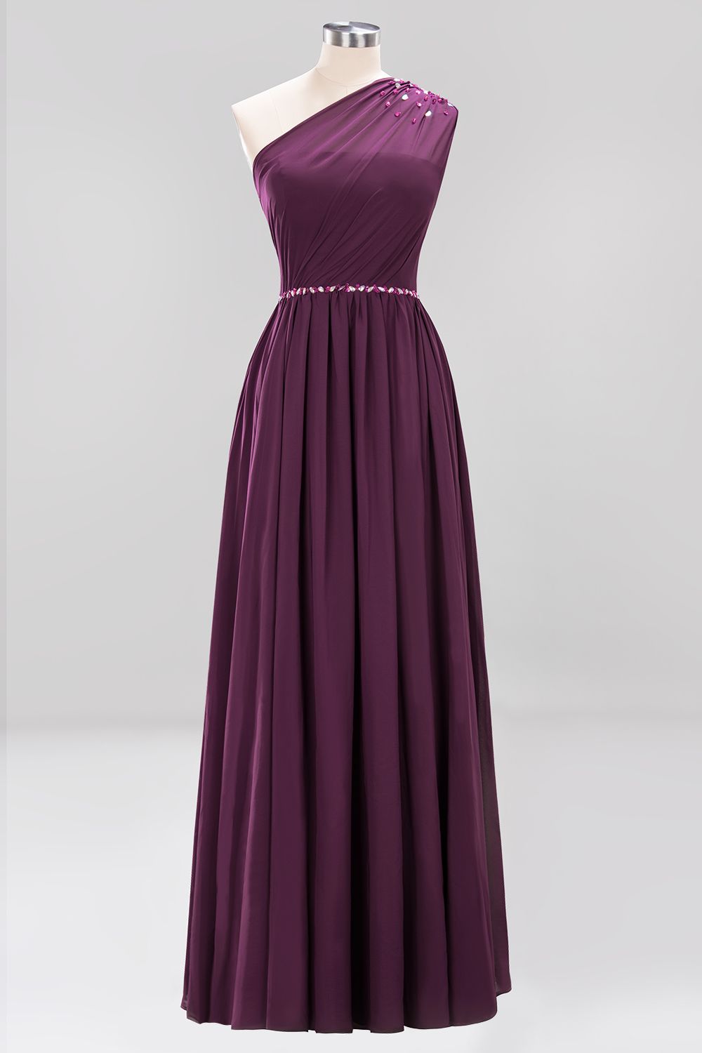 Elegant A-Line Burgundy Chiffon One-Shoulder Sleeveless Ruffles Floor-Length Bridesmaid Dresses with Beadings-newarrivaldress