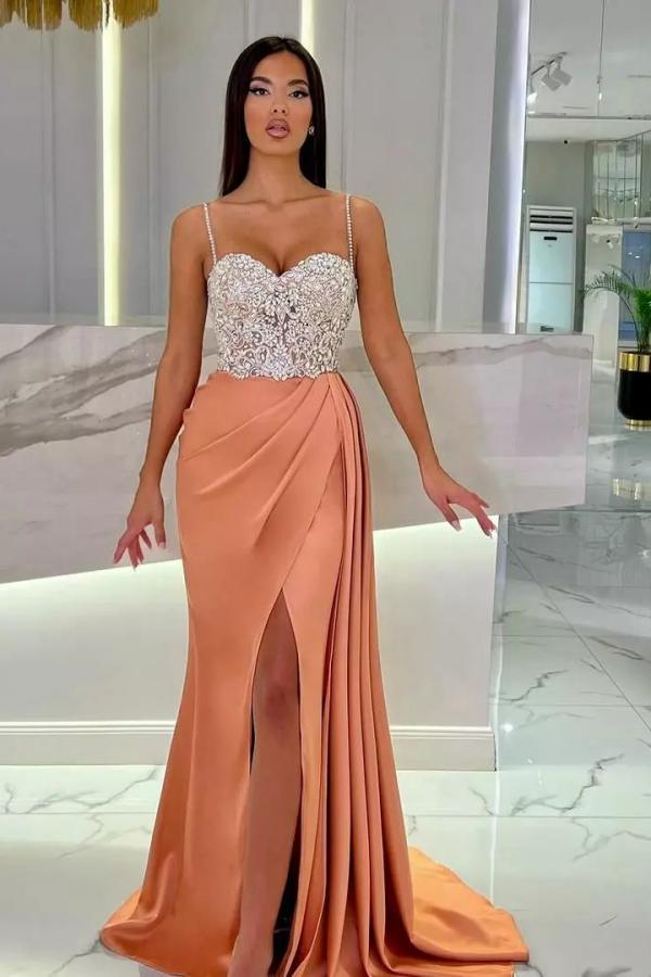 Charming Glitter Crystals Mermaid Prom Dress Ruched Satin Long Evening Dress with Straps-newarrivaldress