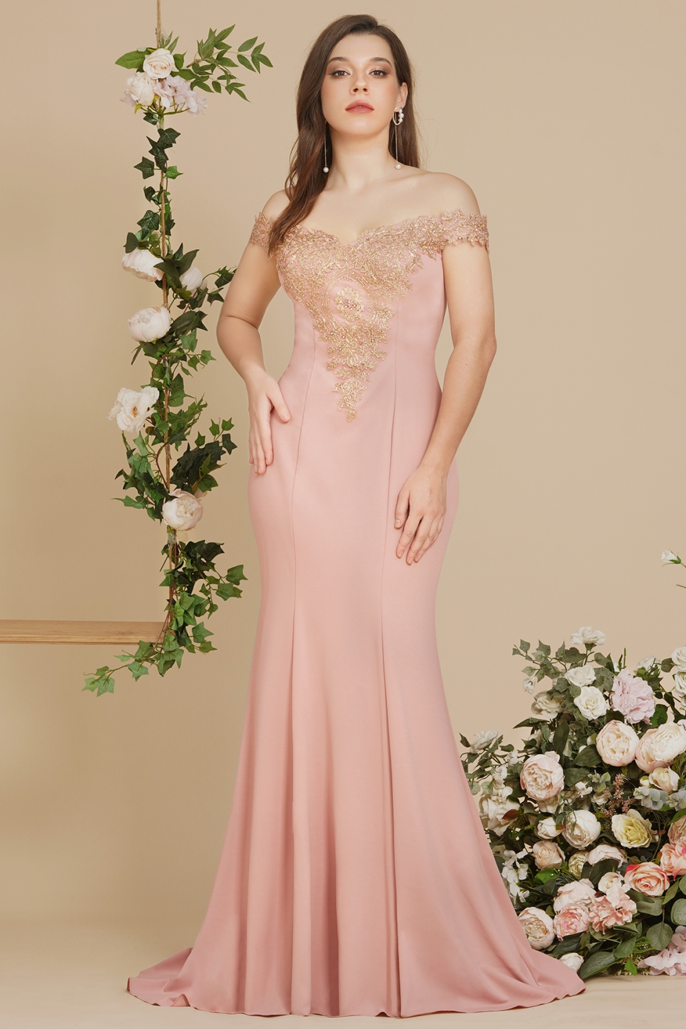 Off-the-shoulder Burgundy Evening Dress with Gold Lace Appliques Floor Length Formal Dress-newarrivaldress