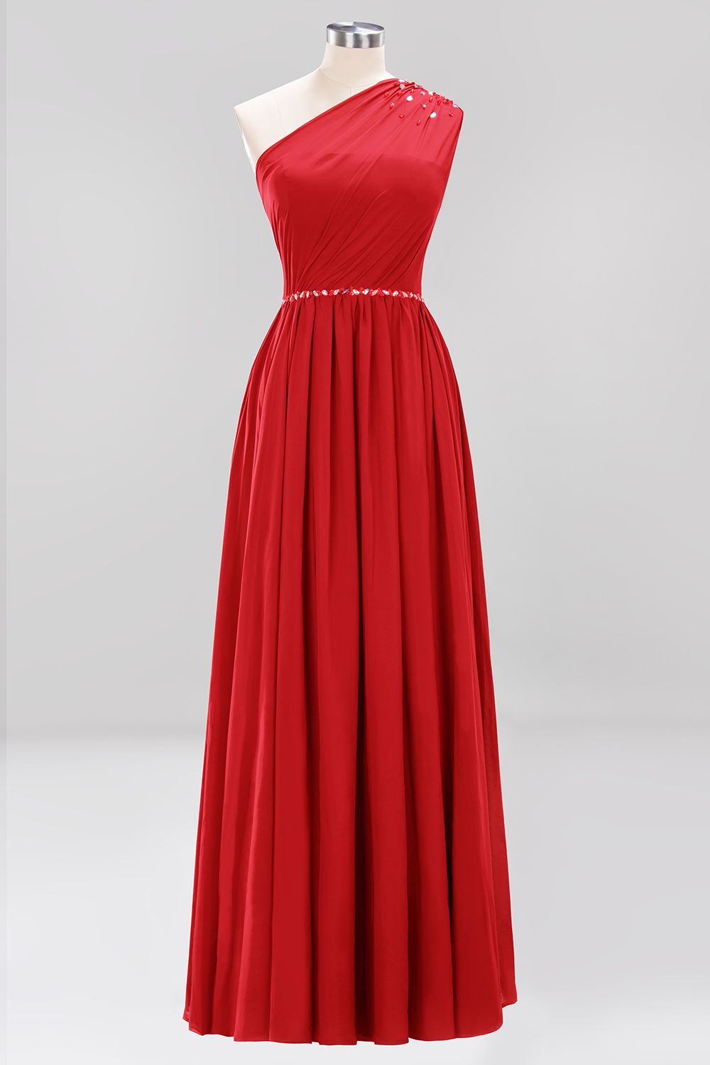 Elegant A-Line Burgundy Chiffon One-Shoulder Sleeveless Ruffles Floor-Length Bridesmaid Dresses with Beadings-newarrivaldress