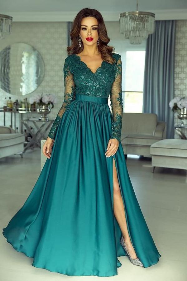 Stylish Dark Green Long Sleeves Lace Appliques Satin Evening Dress with Side Slit-newarrivaldress