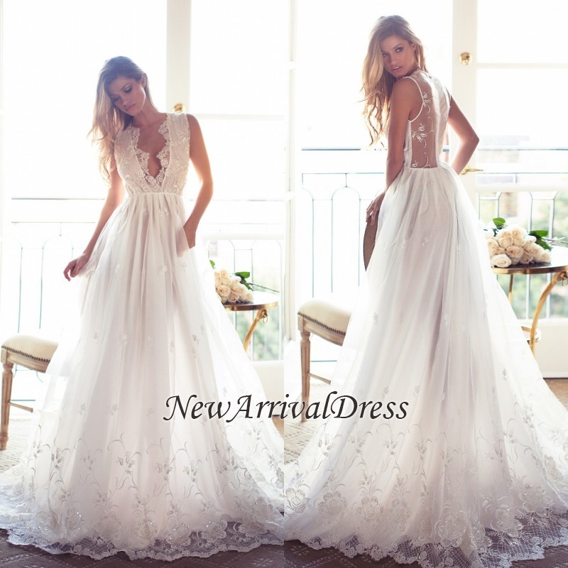 A-Line Sleeveless Gorgeous Princess Lace Custom Made V-Neck Wedding Dresses-newarrivaldress