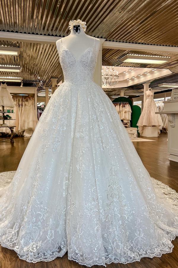 Elegant V-Neck Floral Lace Wedding Dress Aline Spaghetti Straps Long Bridal Dress-newarrivaldress