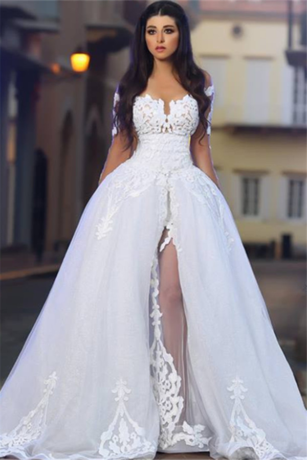 Elegant A-Line Tulle Long Sleeve Lace Appliques White Wedding Dressess BA4426-newarrivaldress