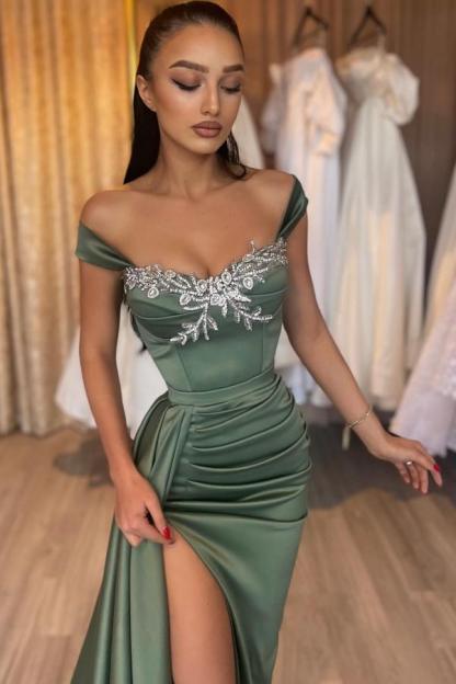 Dark Green Ruched Satin Mermaid Prom Dress Side Slit Floral Lace Formal Dress with Straps-newarrivaldress