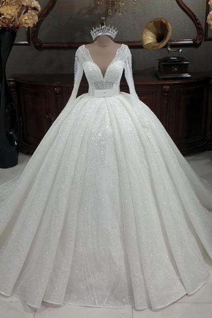 Glitter Wedding Dresses with Long Sleeves V-Neck Sequins Aline Bridal Dress-newarrivaldress