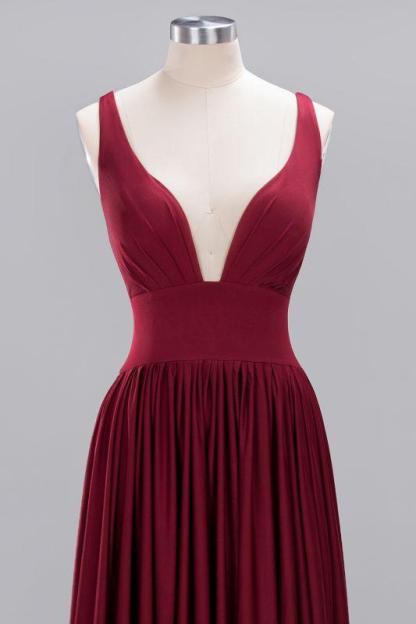 Elegant V-Neck Sleeveless Bridesmaid Dress |Aline Floor Length Bridesmaid Dress With Slit-newarrivaldress