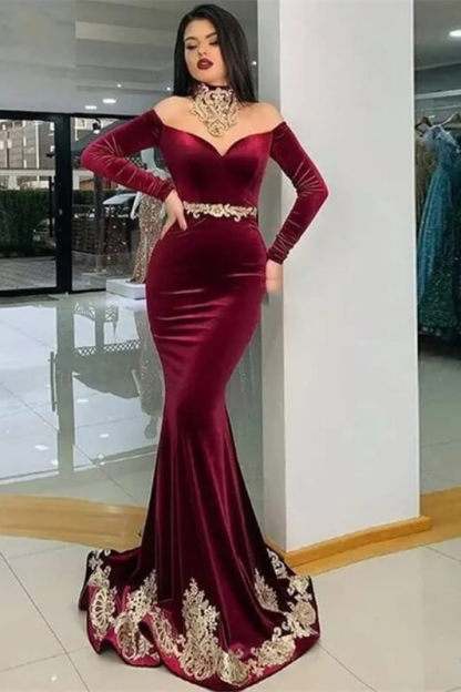 Off-the-Shoulder Burgundy Velvet Mermaid Prom Dress with Gold Appliques-newarrivaldress