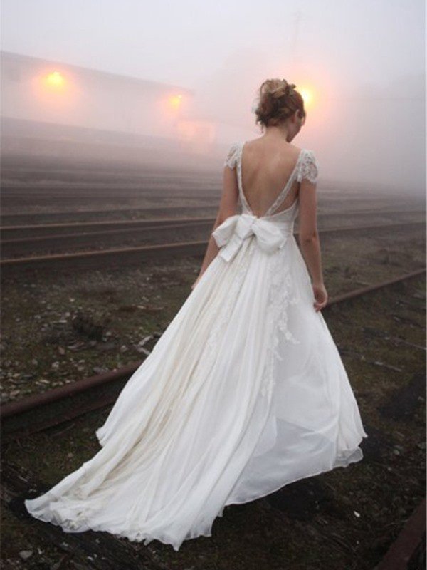 Chiffon Sexy Sleeveless V-neck Floor Length Lace Wedding Dresses-newarrivaldress