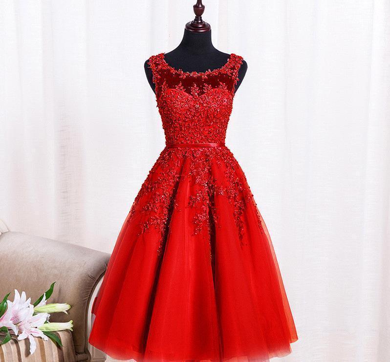 Tea-Length A-line Sheer-Neck Amazing Lace-Appliques Beaded Party Dresses-newarrivaldress