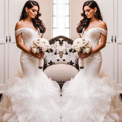 Off The Shoulder Puffy Ruffles Wedding Dresses | Sexy Close-fitting Tulle Bridal Gowns-newarrivaldress