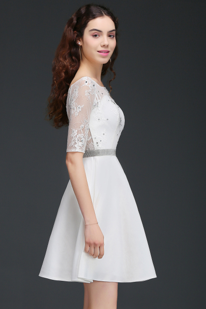 ALICIA | A Line Jewel White Short Sleeve Satin Homecoming Dresses With Lace-newarrivaldress