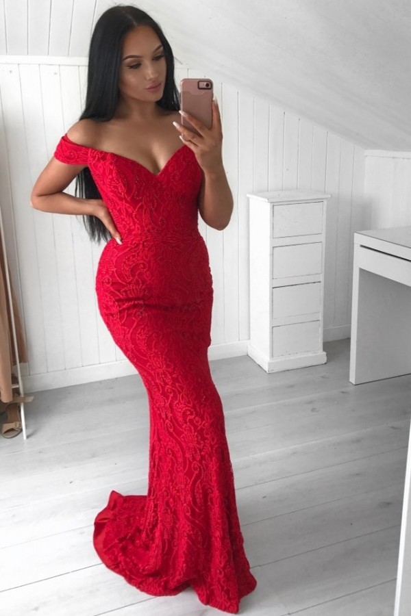 Sexy Mermaid Lace Evening Gowns | Red Off-the-Shoulder Prom Dresses-newarrivaldress