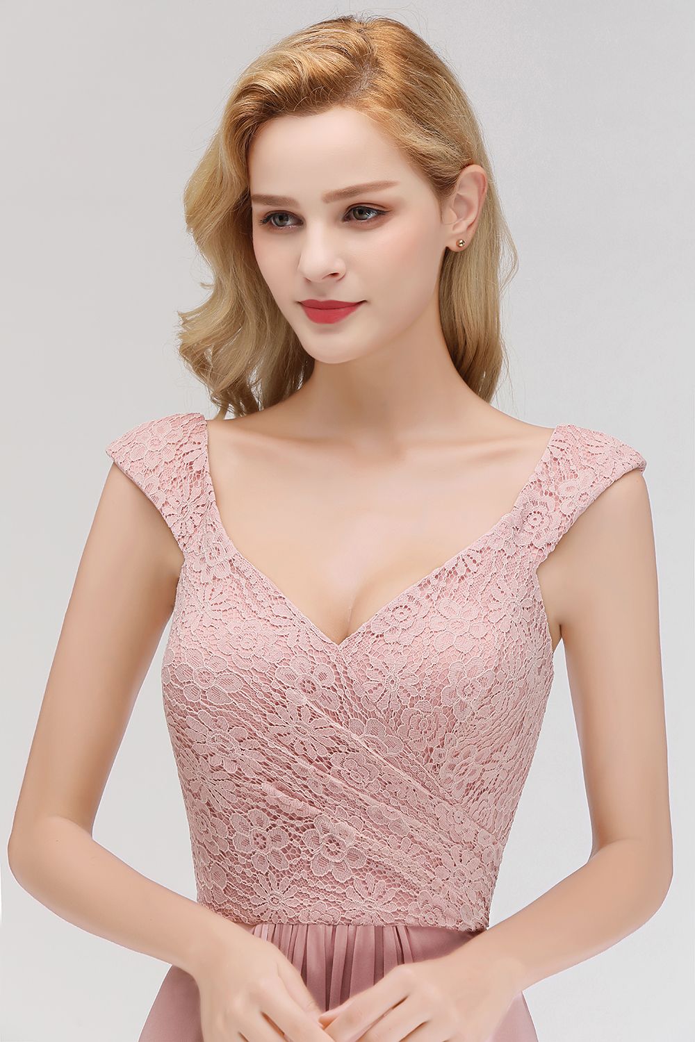 MARIA | A-line Long V-neck Sleeveless Lace Top Chiffon Bridesmaid Dresses-newarrivaldress