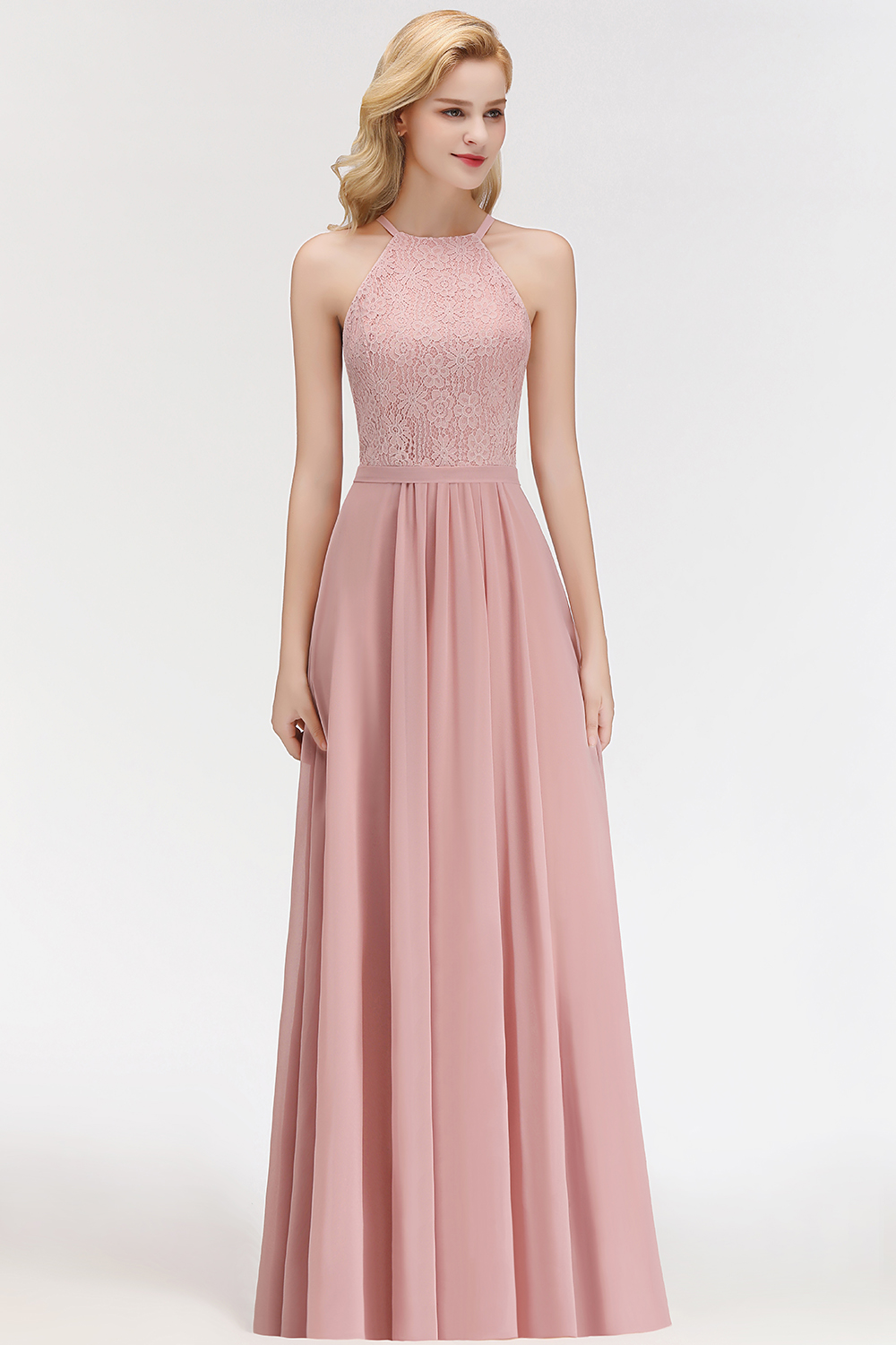 MARIANNA | A-line Sleeveless Halter Long Lace Chiffon Bridesmaid Dresses-newarrivaldress