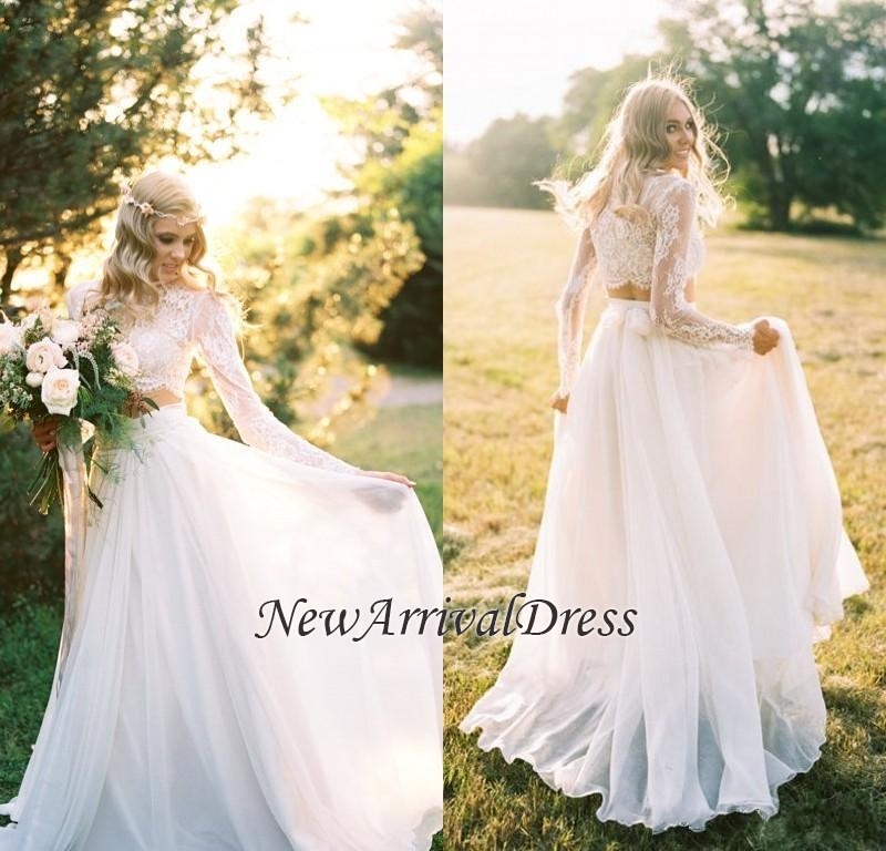 Elegant Two Piece Long Sleeves Chiffon Lace New Arrival A-line Wedding Dresses-newarrivaldress