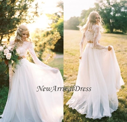 Elegant Two Piece Long Sleeves Chiffon Lace New Arrival A-line Wedding Dresses-newarrivaldress