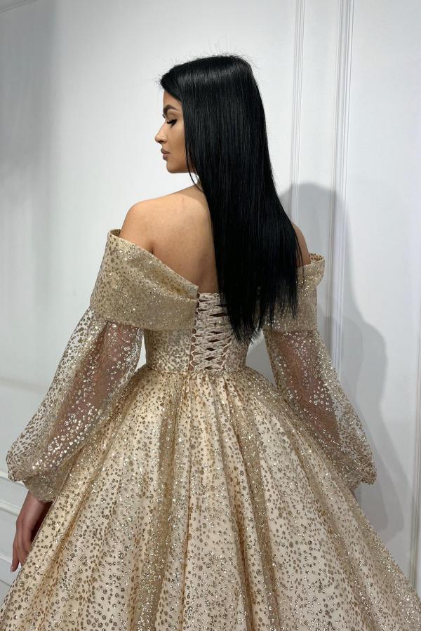 Champagne Off Shoulder Long Sleeves Prom Dresses Glitter Ankle Length Party Wear Dress-newarrivaldress