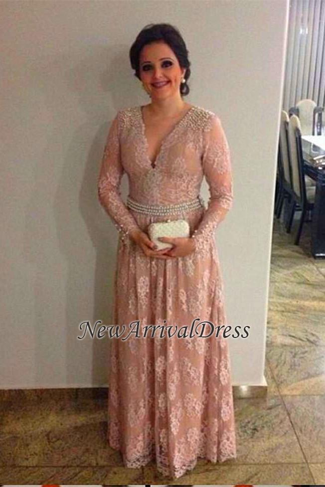 Long-Sleeve the A-line Elegant Mother V-neck Of Pearls Long Lace-Appliques Bride Dress-newarrivaldress
