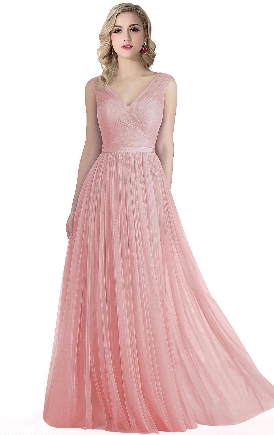 ELLIOT | A-line Sleeveless V-neck Floor-length Tulle Bridesmaid Dresses-newarrivaldress