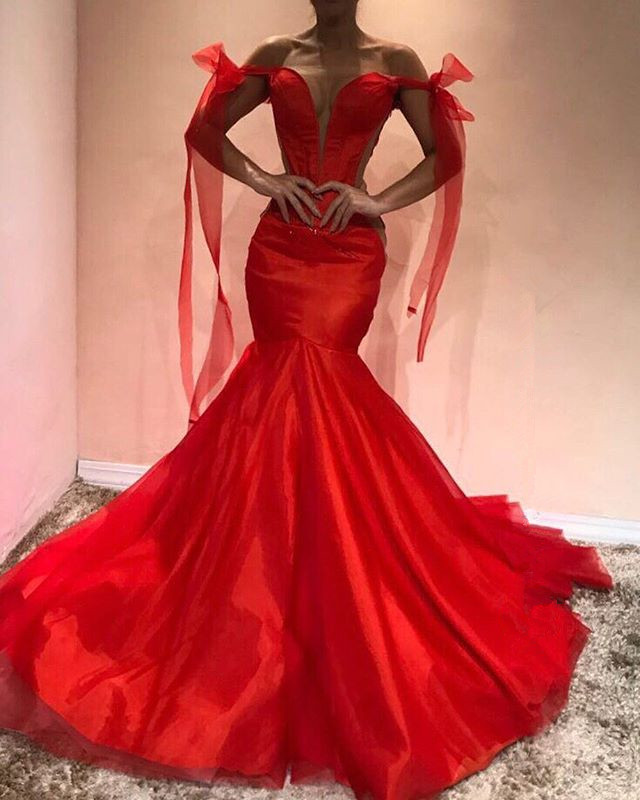 Red Off-the-Shoulder Evening Dress |Mermaid Prom Party Gowns-newarrivaldress
