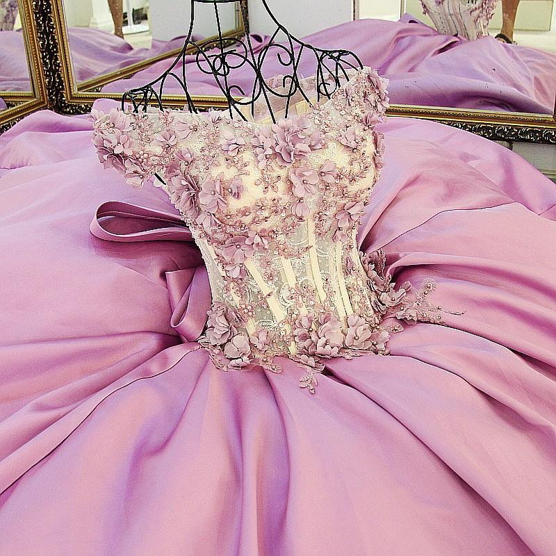 Beaded Puffy Off The Shoulder Pink Flowers Appliques Bows Long Prom Dresses-newarrivaldress