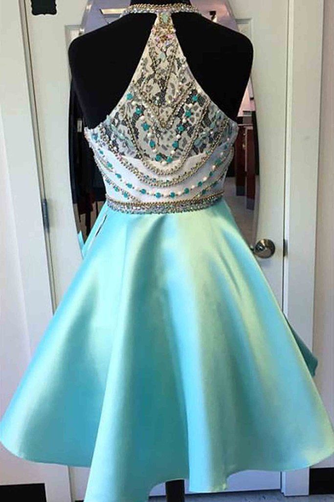 Cute Crystals Halter Blue Sleeveless Custom Made A-line Sexy Short Homecoming Dresses-newarrivaldress