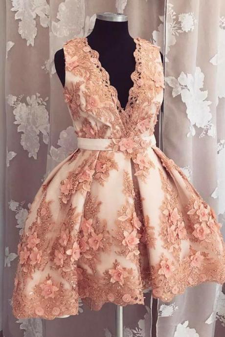 Unique Flowers Short Sleeveless V-neck Custom Made A-line Sexy Short Homecoming Dresses-newarrivaldress
