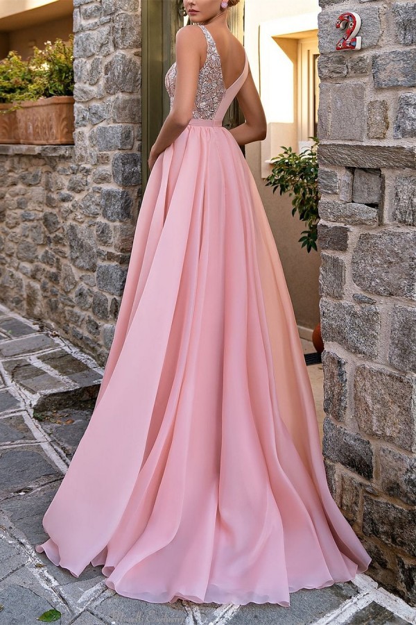 Elegant Pink Sleeveless V-Neck Long Evening Party Dress with Front Slit-newarrivaldress